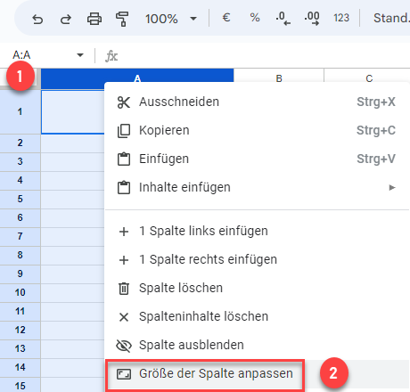 Standard Spaltenbreite wiederherstellen Google Sheets