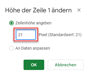 Standard Zeilenhoehe eingeben Google Sheets