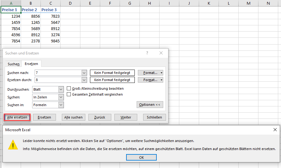 Suchen & Alle Ersetzen Fehlermeldung