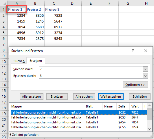 Suchen & Ersetzen Suchbegriff falsche Zellenauswahl