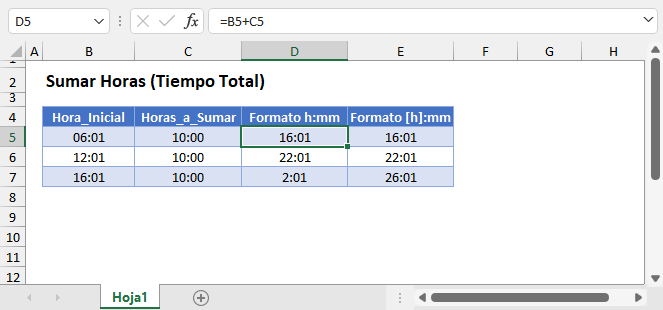 Sumar Horas Tiempo Total en Excel y Google Sheets