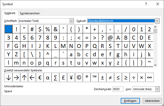 Symbol in Excel auswaehlen