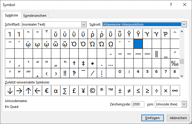 Symbolauswahl allgemeine Interpunktion