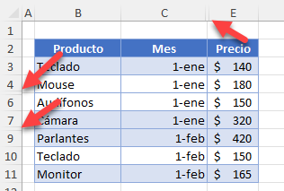 Tabla con Filas y Columnas Ocultas