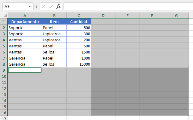 Todo el Espacio Entre Tabla y Últimas Celdas Seleccionadas