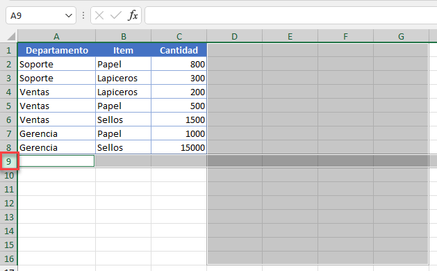 Últimas Columnas y Filas Seleccionadas en Excel