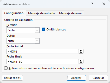 Validación de Datos Entre Dos Fechas con Función HOY