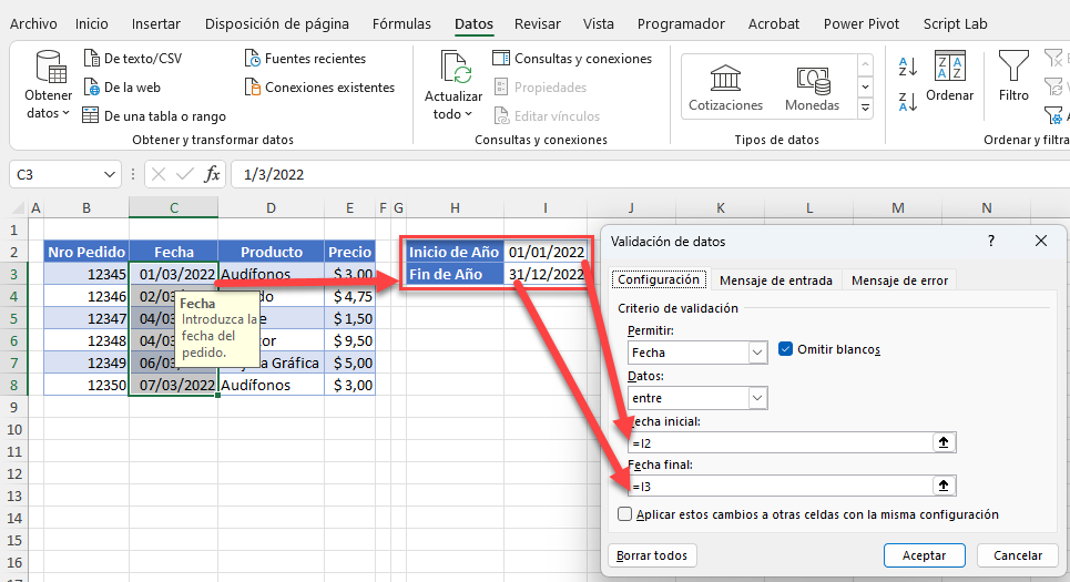 Validación de Datos Entre Dos Fechas con Referencia