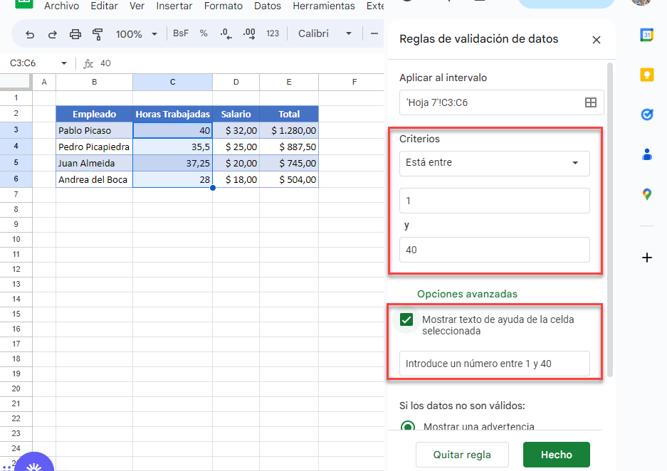 Validación de Datos Entre Dos Números en Google Sheets