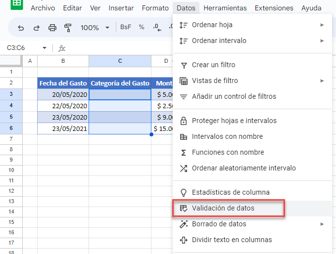 Validación de Datos en Google Sheets