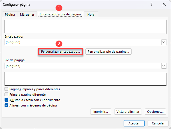 Ventana Configurar Página Personalizar Encabezado en Excel