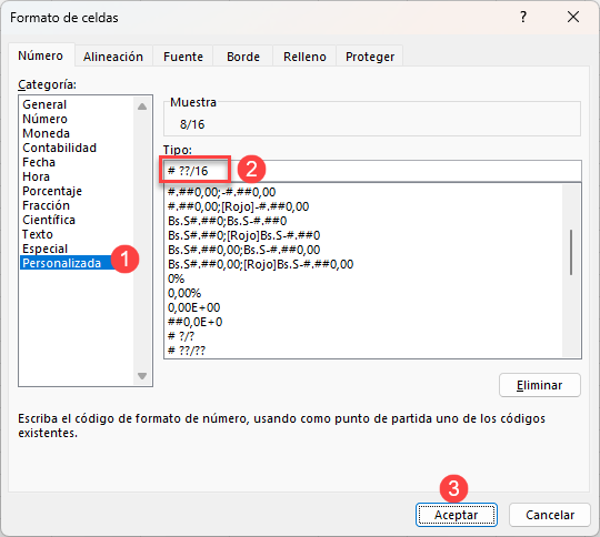 Ventana Formato de Celdas Mostrar los Números Como Fracciones Semejantes