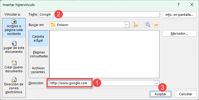 Ventana Insertar Hipervínculo en Excel