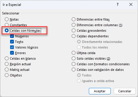 Ventana Ir a Especial Celdas con Fórmular en Excel