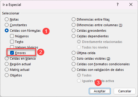 Ventana Ir a Especial Errores en Excel