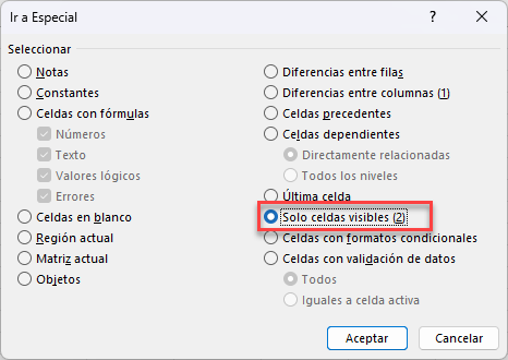 Ventana Ir a Especial Solo Celdas Visibles en Excel