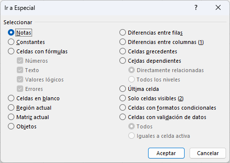 Ventana Ir a Especial en Excel