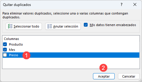 Ventana Quitar Duplicados en Excel