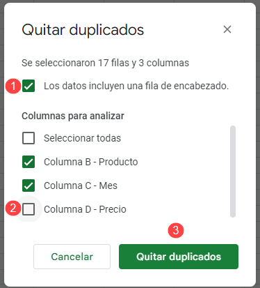 Ventana Quitar Duplicados en Google Sheets