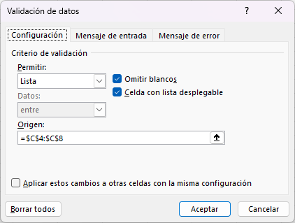 Ventana Validación de Datos Lista de Probabilidades