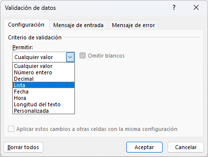 Ventana Validación de Datos Seleccionar Lista