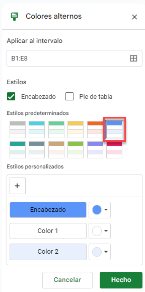 Ventana de Colores Alternos en Google Sheets