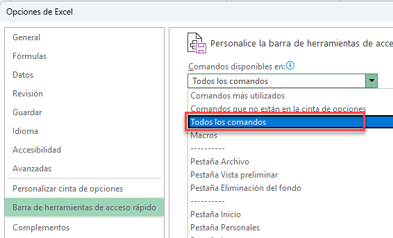 Ventana de Opciones de Excel Comandos Disponibles En