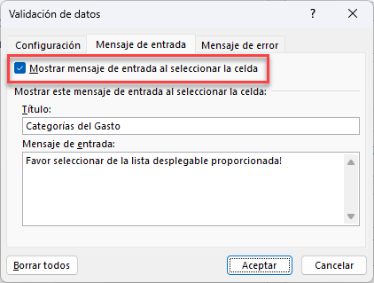 Ventana de Validación de Datos Mensaje de Entrada en Excel