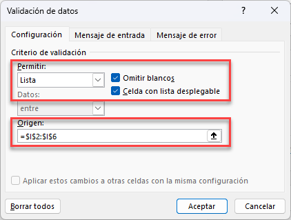 Ventana de Validación de Datos en Excel