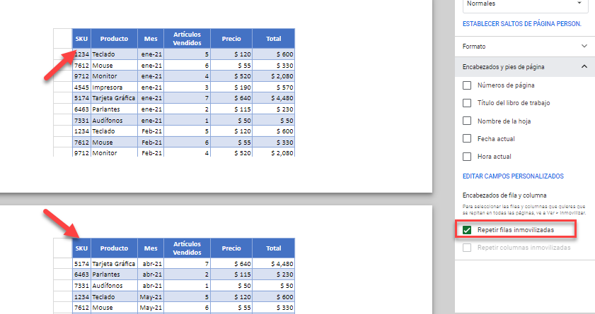 Vista Preliminar en Google Sheets