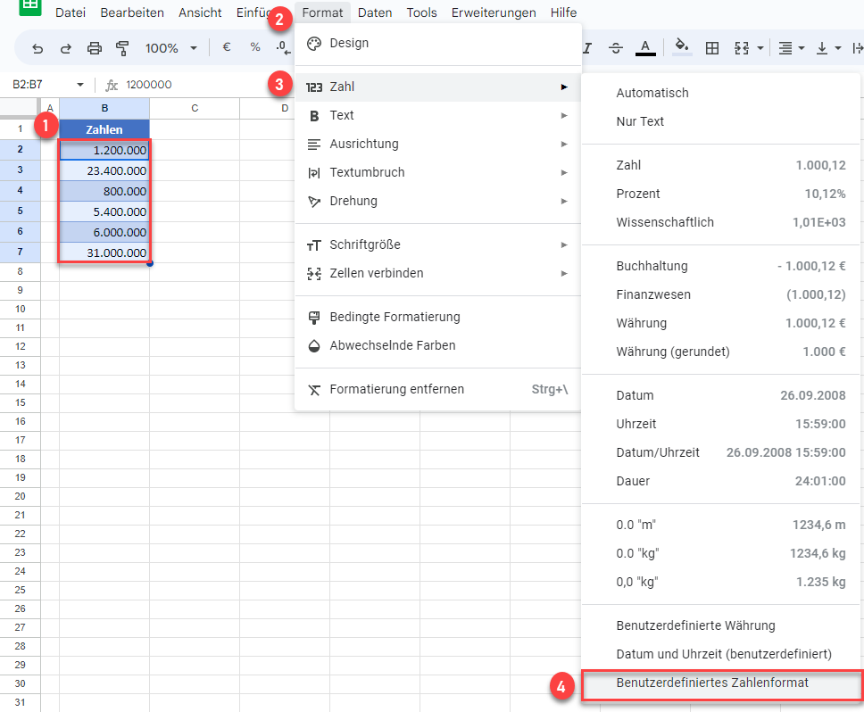 Zahlenformat Millionen Schritte Google Sheets