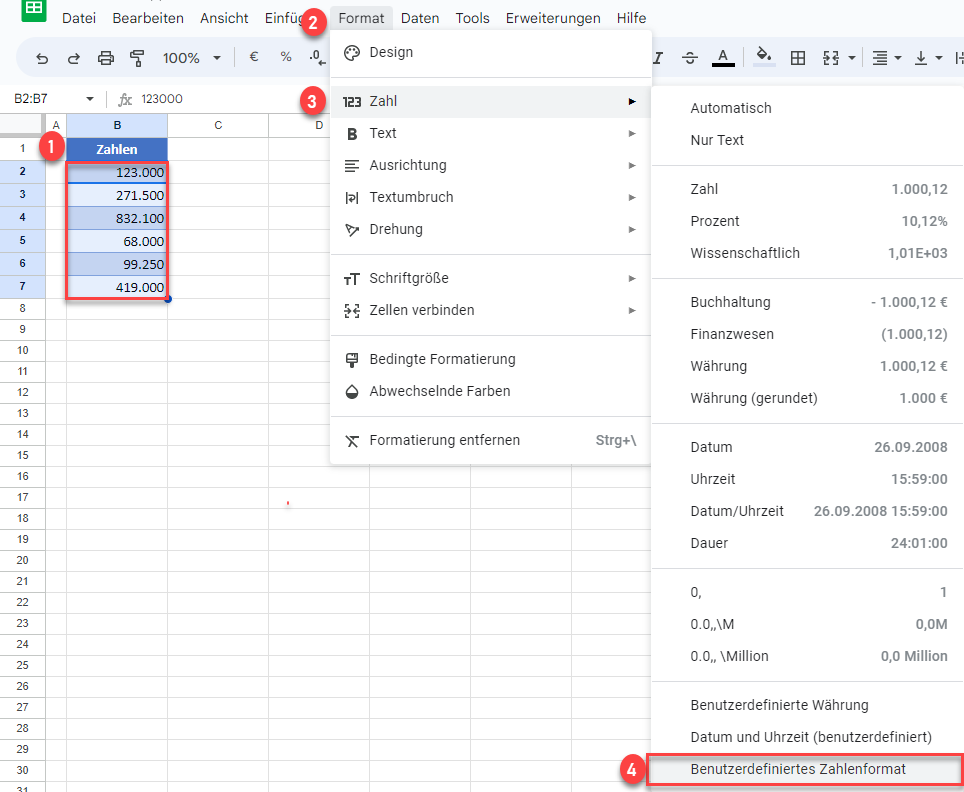 Zahlenformat Tausender Schritte Google Sheets