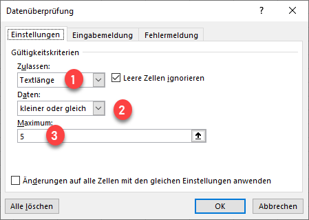 Zeichenanzahlgrenze mit Datenüberprüfung Einstellungen