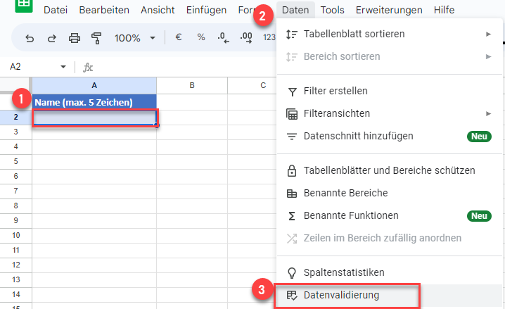 Zeichenanzahlgrenze mit Datenvalidierung festlegen GS