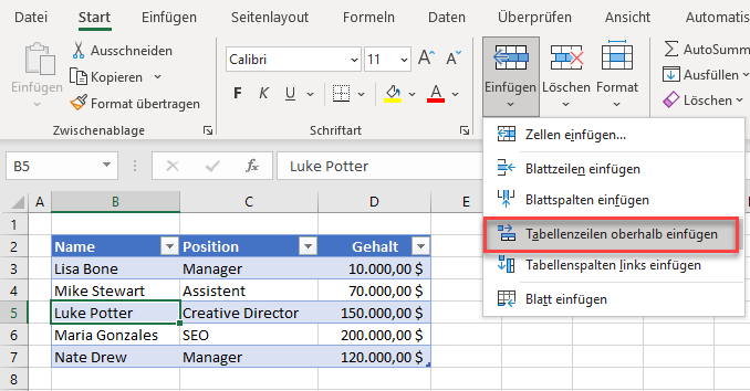 Zeilen einer Tabelle in Mitte hinzufuegen