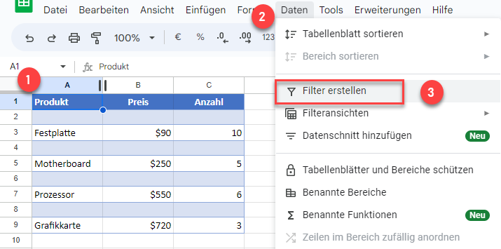 Zeilen mit leeren Zellen Filter anwenden GS