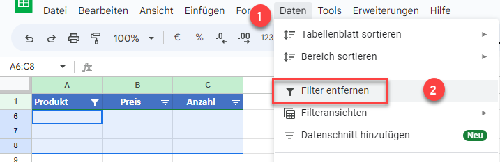 Zeilen mit leeren Zellen Filter entfernen GS