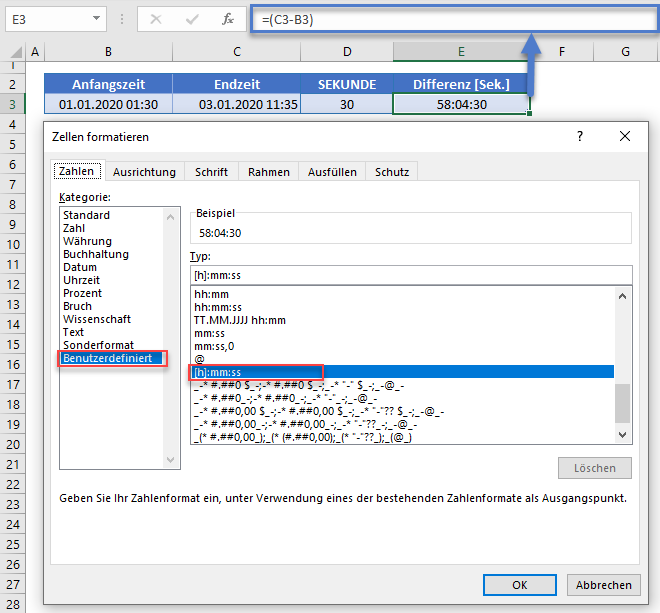 Zeitdifferenz mit Zahlenformat