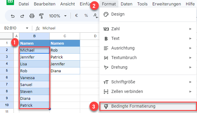 Zelle markieren wenn Wert in anderer Spalte existiert bedingte Formatierung GS 