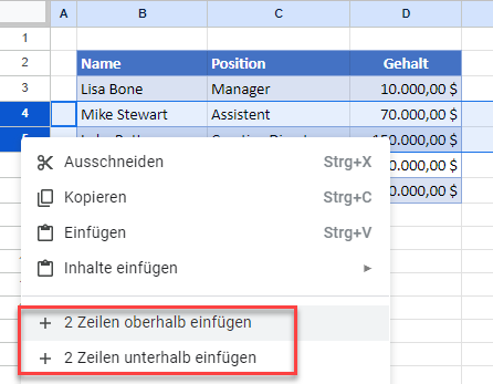 Zwei Zeilen einer Tabelle in Mitte hinzufuegen GS