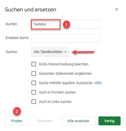 alle Blaetter durchsuchen Google Sheets