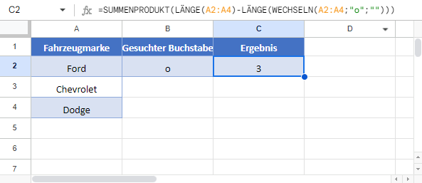 bestimmte Zeichen in Spalte zählen google sheets