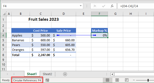 error in formulas circular reference