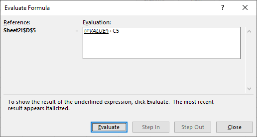 error in formulas evaluate show value