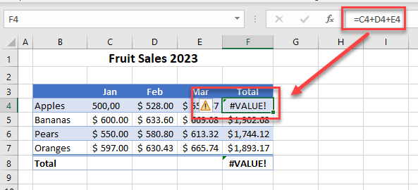 error in formulas value error