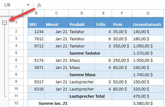 gruppierte zeilen google sheets