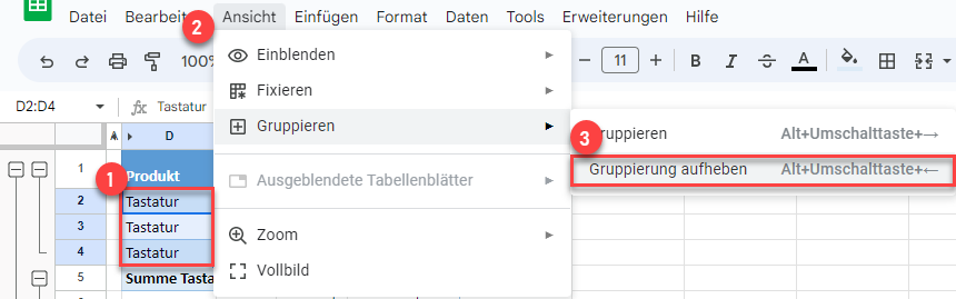 gruppierung aufheben google sheets