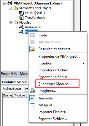 menu contextuel explorateur projet supprimer module