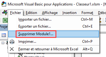 menu fichier editeur visual basic supprimer module