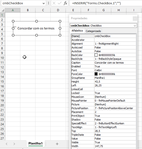 propriedades checkbox criado